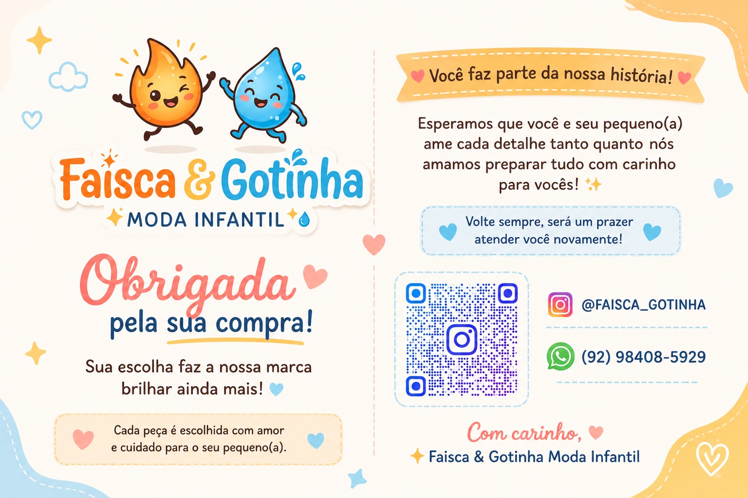 Cartão da Faísca e Gotinha Moda Infantil com mascotes de faísca e gotinha